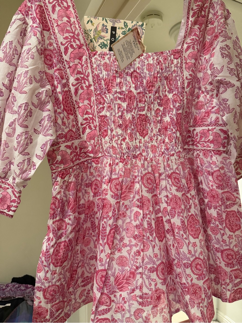 POL Women’s  Pink Floral Smocked Top w/ 3/4 sleeves